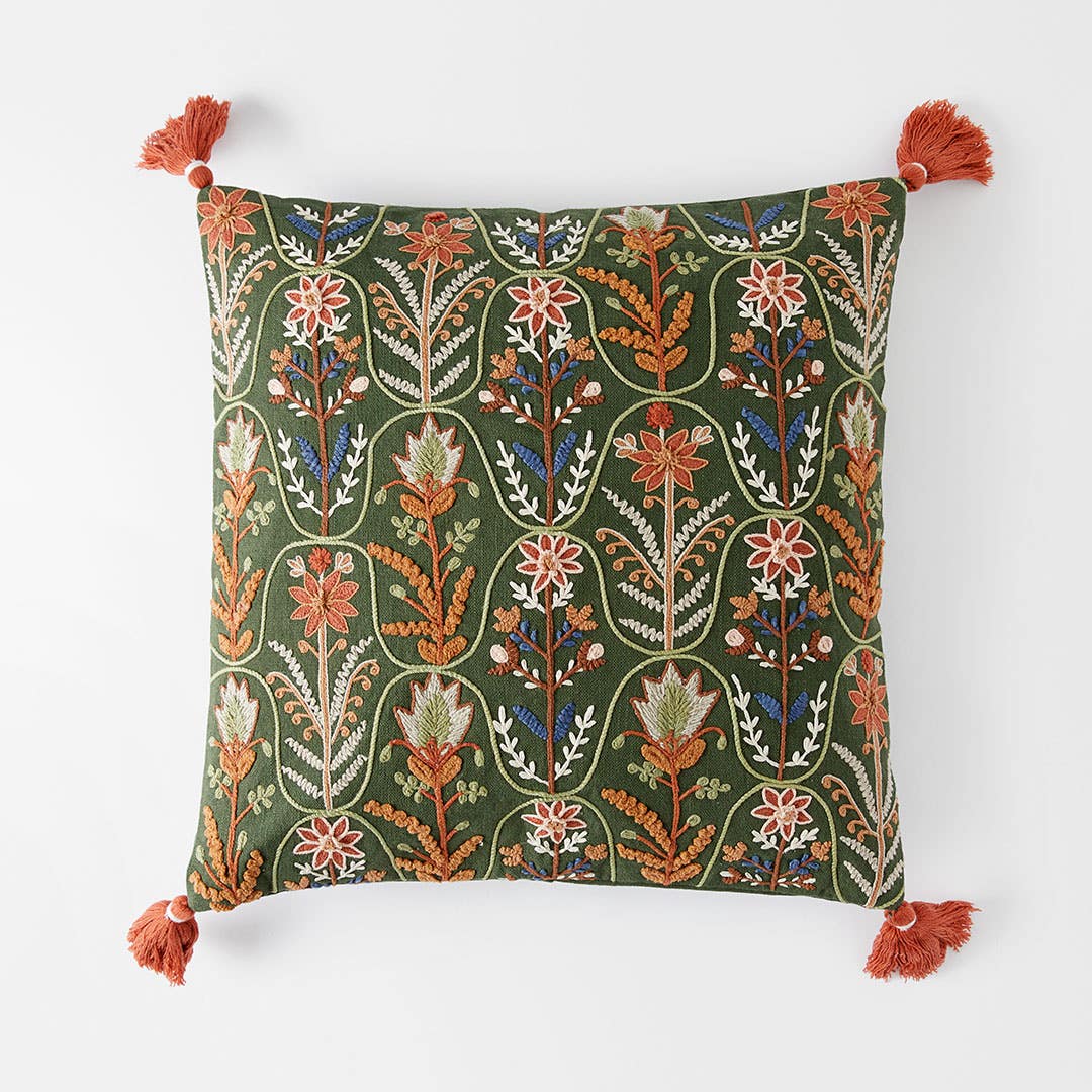 Botany Embroidered Cushion - Sage/Multi