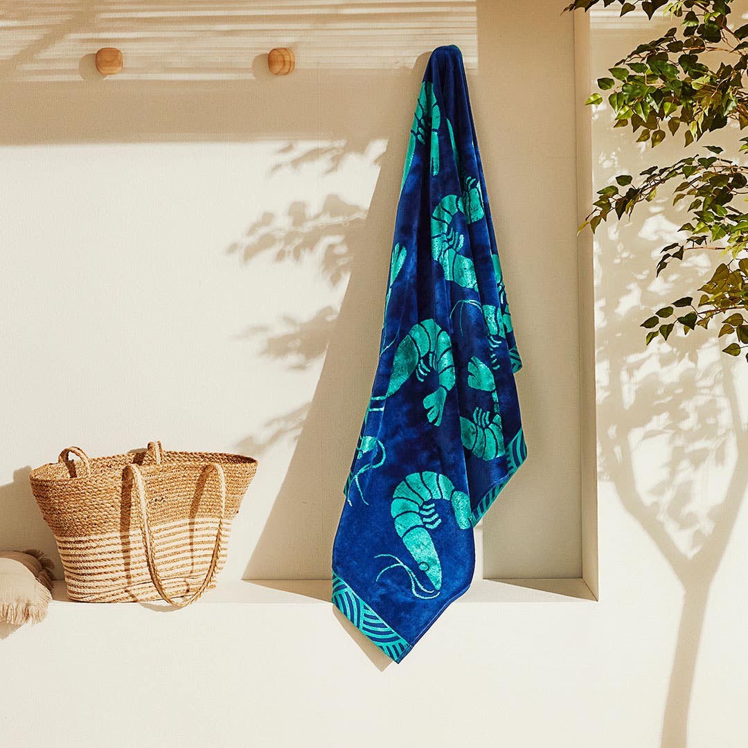 Prawn Party Beach Towel - Navy/Teal